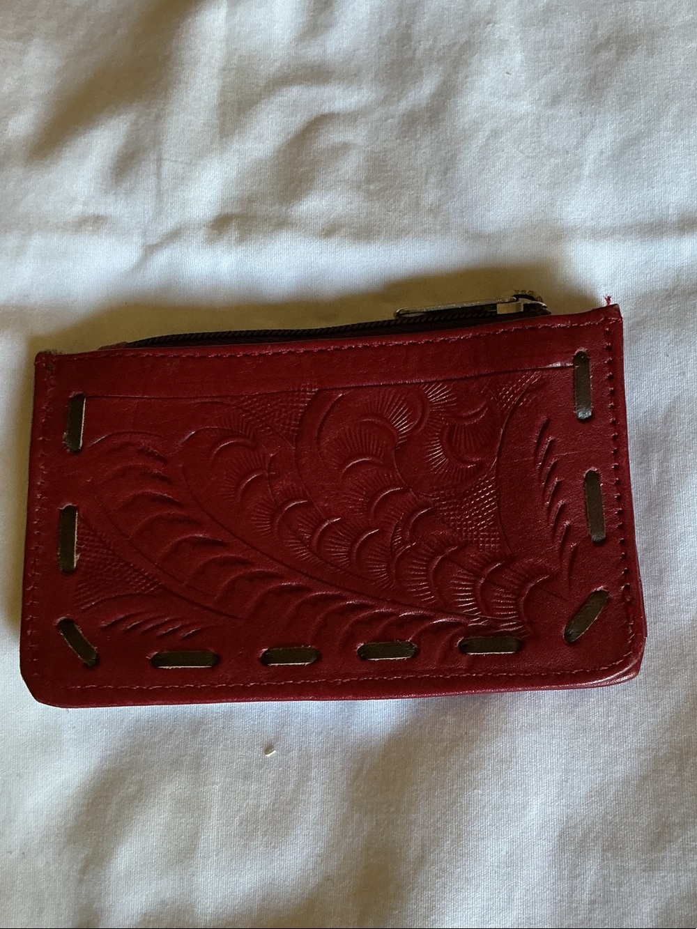 Red Embossed Leather Zip Card Wallet